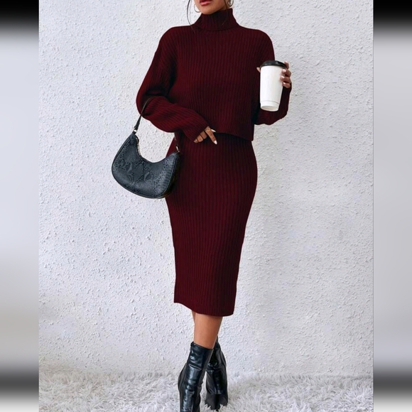 Turtleneck Drop Shoulder Sweater & Knit Dress, Burgundy - Picture 3 of 7